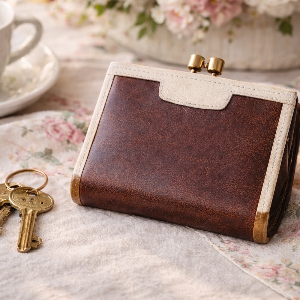 Vintage Leather Kiss Lock Wallet Coin Purse | Brown & Cream Compact Wallet 1960’